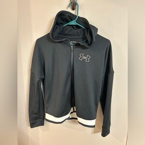 Girls YXL under armour hooded track warm up jacket black white logo